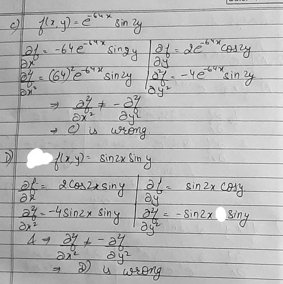 c) f(x, y) = 4x sin laf= -64 e 19 67 = (64) sinzy of = -4 en einzy sin zy singy af = 20 coszy ay 12 DX 27 + - az Ox? is wrong