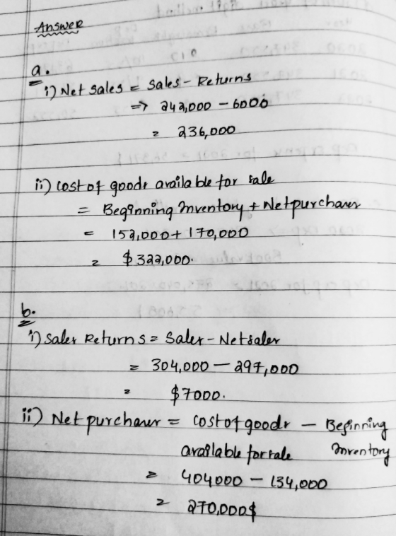 | Answer a . Net sales e Sales - Returns => 242,000 - 6000 2 236,000 joto look at what *) costof goodz available for sale = B