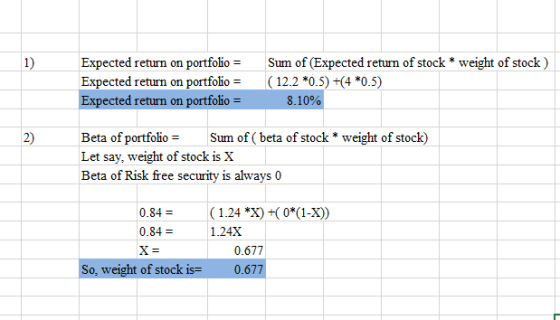 Expected return on portfolio = Expected return on portfolio = Expected return on portfolio = Sum of (Expected return of stock
