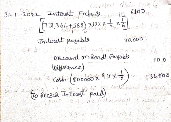 - 31-1-2022 Interest Expense van 6100 16231,364+568) X10%, 87 x Interest payable 30,000) g 100 Discount on Bonds payable Diff
