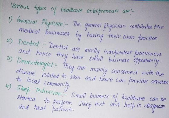 Vantous pes of healthcate entrepreneur ae eneral Phusiuan The general physician conhnbutes the medical busineses by having th