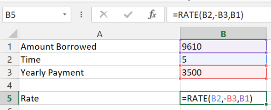 B5 =RATE(B2,-B3,B1) в 9610 1 Amount Borrowed 2 Time 3 Yearly Payment 5 3500 5 Rate =RATE(B2,-B3,B1)