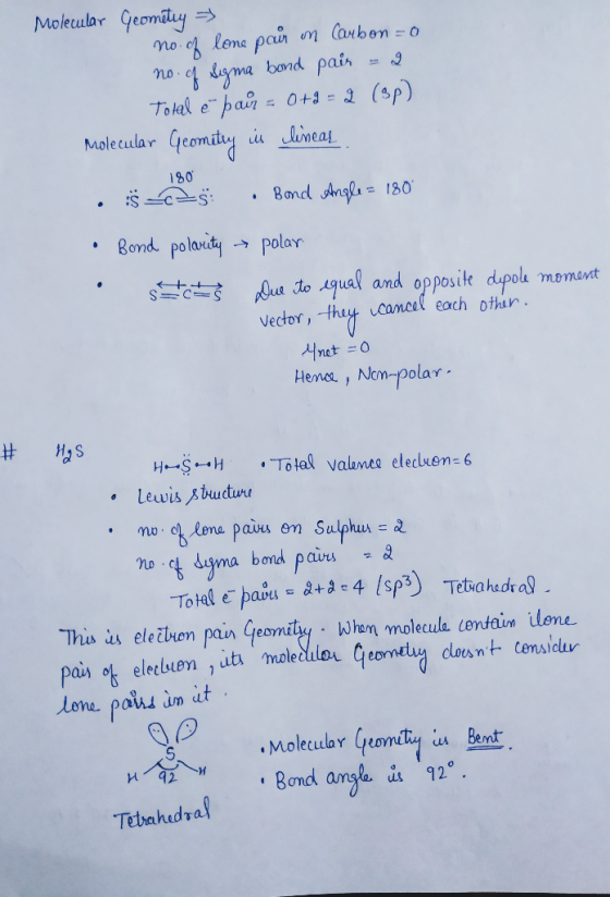 180 Molecular Geometry no of lone pour on Carbono no. of Sigma bond pair = 2 Tolal e bain = 0+1 = 2 (3p) Molecular Geometry i