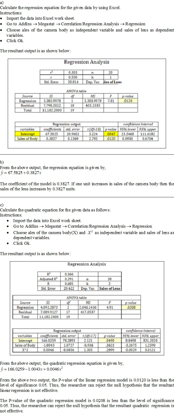 a) Calculate the regression equation for the given data by using Excel. Instructions: • Import the data into Excel work sheet