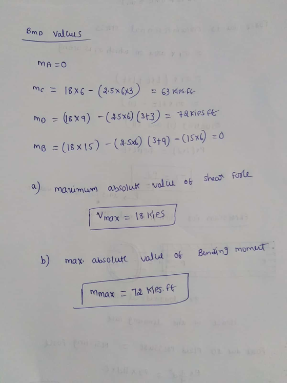 BMD valuus MA=0 me = 18x6 - (2.5x643) - 63 Kips.ft mo = (18 x 9) - (25x6) (3+3) = 72 kips Ft (18x15) - (8.5x6 ( 3+9) – (15%6)