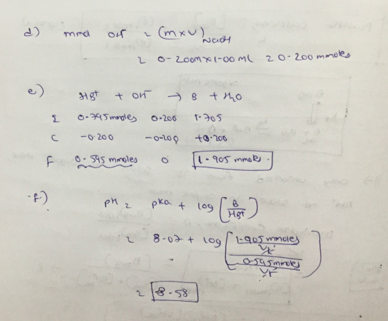 d) mma or a (m xv, Nad - 2 o-20om X1-00m. 20- 200 mmoles o e) a C f sigt et on 0.795 moles 0.200 -0-200 -0-209 .gg mmoles o t