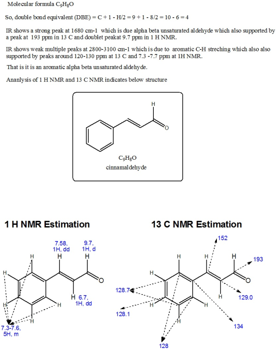 Molecular formula C H2O So, double bond equivalent (DBE)=C+1 - H/2 =9+1 - 8/2 = 10 - 6 = 4 IR shows a strong peak at 1680 cm-