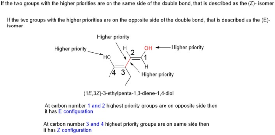 If the two groups with the higher priorities are on the same side of the double bond, that is described as the (Z)- isomer If
