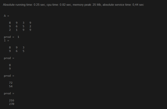 Absolute running time: 0.25 sec, cpu time: 0.82 sec, memory peak: 25 Mb, absolute service time: 0,44 sec A = 8 9 3 9 6 5 1 9