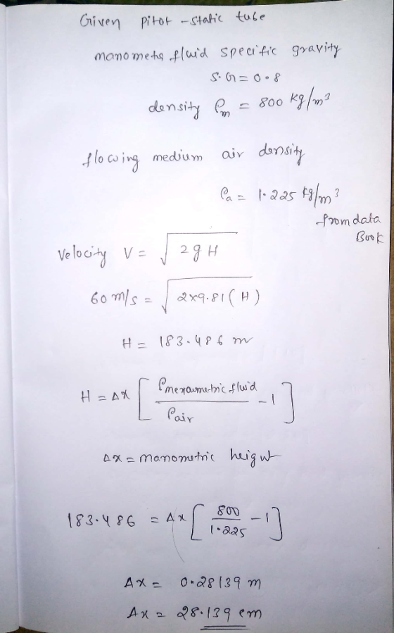 Given pitot -static tube manomets fluid specific gravity S. G= 0.8 density Co - 800 kg/m3 flowing medium air density Paz 1.22