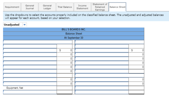 Requirement General Journal General Ledger Trial Balance Income Statement Statement of Retained Balance Sheet Use the dropdow