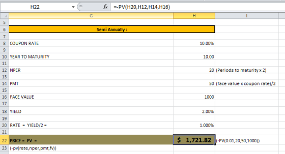 H22 fic --PV(H20, H12, H14,H16) Semi Annually: vo 8 COUPON RATE 10.00% 10 YEAR TO MATURITY 10.00 11 12 NPER 20 (Periods to ma