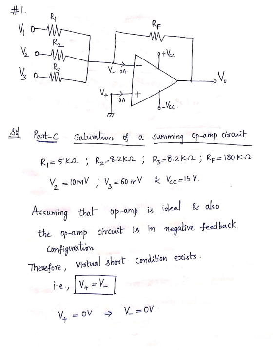 #1 Ri Vom V om 10A sol Pastuc Saturation of a summing op-amp circuit R. = 56.2 ; R2=8-2K2 ; R3=8.2K12 ; Rp = 180 K12 V = 10mV
