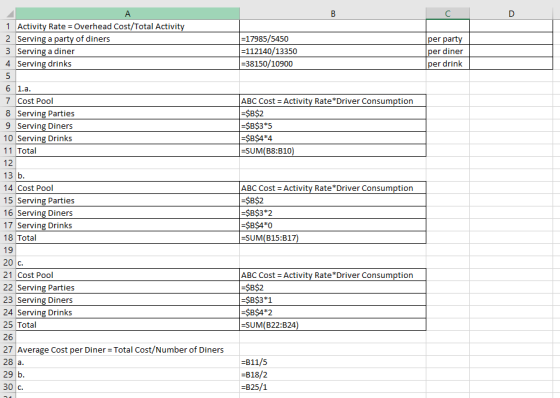 =17985/5450 =112140/13350 =38150/10900 per party per diner per drink А 1 Activity Rate = Overhead Cost/Total Activity 2 Servi