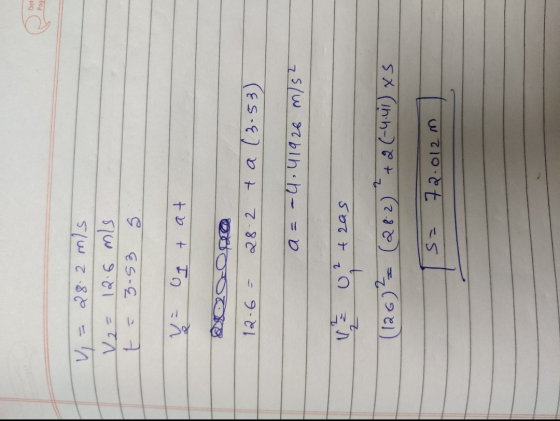 Dar Pag V = 28.2 mis V2= 12.6 mis 3-53 y = Itat 12.6 = 28.2 ta (3.53) a= - 4.41926 m/s? 2 0 tras (126) (282) (282) +2(-441) x