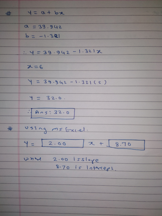 # y = at be a = 39.942 b = 1.301 4 = 39.942-1.32 lx x=6 Y = 39.942-1.321(s) Y = 3 2.o. Ans: 32.o # using ms Excel. Y = 2.oo e