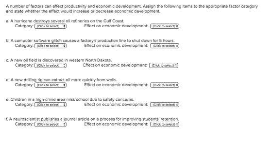 A number of factors can affect productivity and economic development. Assign the following items to the appropriate factor ca