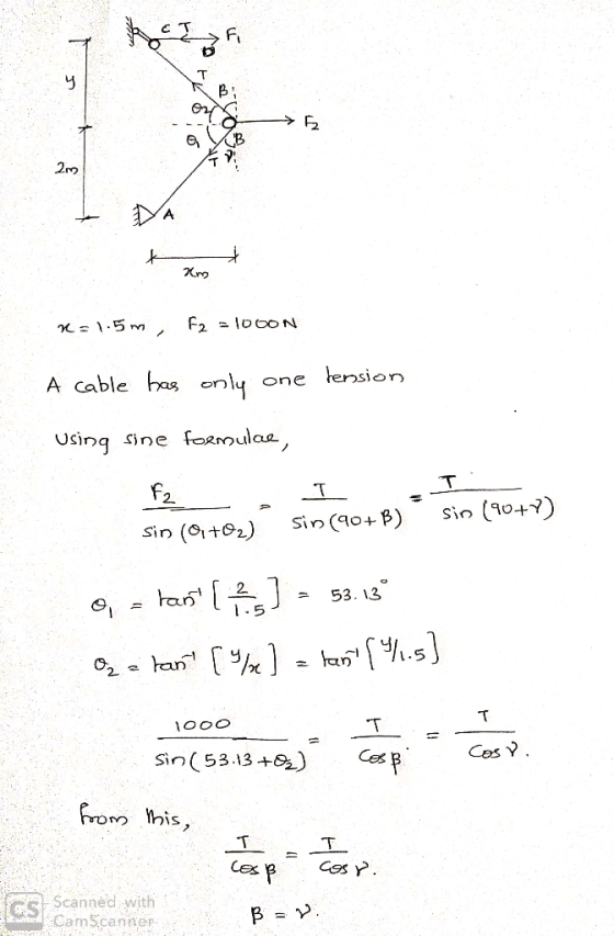 ef F2 A F2 n:15 mn A cable has only one lension Sine foemulae Using T F2 sin (90+ B) (&tab) (+2) Sin an2 53. 13 Yan T Ces Sin