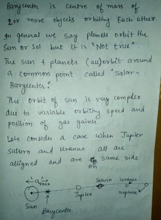 Barycenter is centre of mass of 2 or more objects orbiting each other. In gennal we say planets orbit the Sun or sol but it i