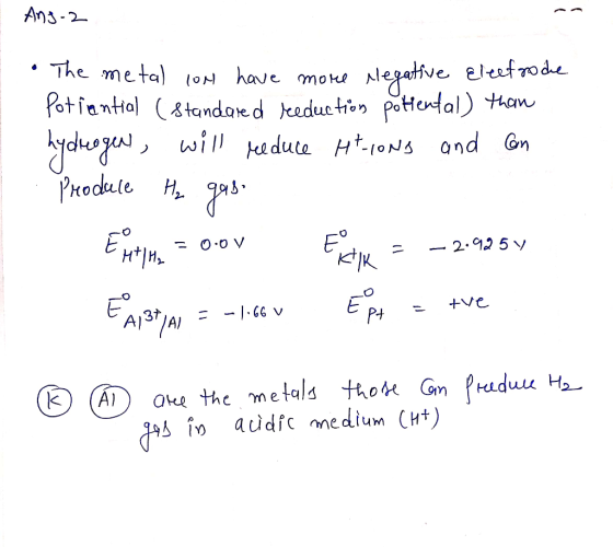 Angor 90X he metal ion have more negative Eleefrodie Potiential (Standard reeduction potental) than hydrogen, will reduce Hti
