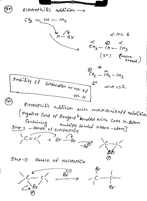 3) Electrophilic addition -> CMg = cm - CM3 2-HE 6 сн— сн — сня (20) {more obie) more stable, CH₂ - CH2 - CH3 stability of Ca