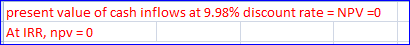 present value of cash inflows at 9.98% discount rate = NPV =0 At IRR, npv = 0