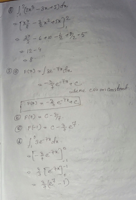@ J, 7 / 243 – 3x + 5) da - 3x2+53) 2 2 4 - 6 + 10 +2 +92-5 212-4 @ @ F(X) 2 / 3e - 4x de e-ta tc F(x) whene cis an constant