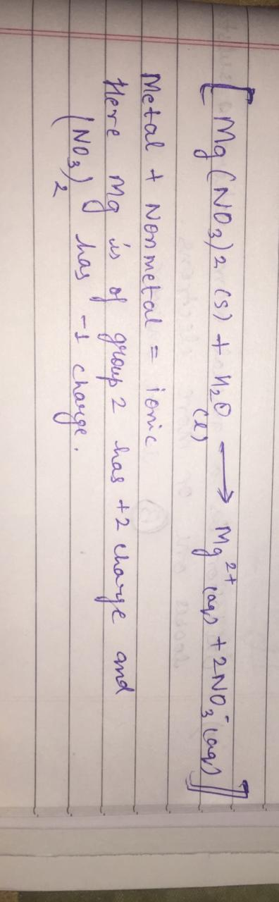 - ag) + 2NO3 Lag) 03) 2 (s) + H₂O charge and Metal t Nonmetal = ionic Here ma is of group 2 has +2 (NO3) has us charge.