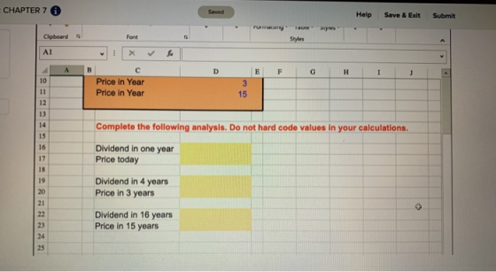 CHAPTER 7 Help Save & Exit Submit у Clipboard Styles F F G Price in Year Price in Year Complete the following analysis. Do no
