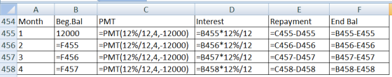 F ДА В 454 Month Beg.Bal 455 1 12000 4562 =F455 457 3 |=F456 4584 =F457 С PMT Interest =PMT(12%/12,4,-12000) =B455*12%/12 =PM