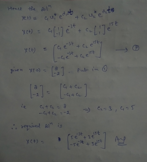 Hence the foln XcH = ç ex edinte + ( uzte date X(t) = a est+cali jest ist. X(t) ra est + C2 est -Ge telst 3t given Xeo) = &