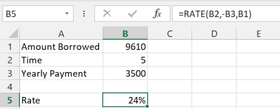 B5 - : x fc с =RATE(B2,-B3,B1) D E в 9610 1 Amount Borrowed 2 Time 3 Yearly Payment 3500 5 Rate 24%