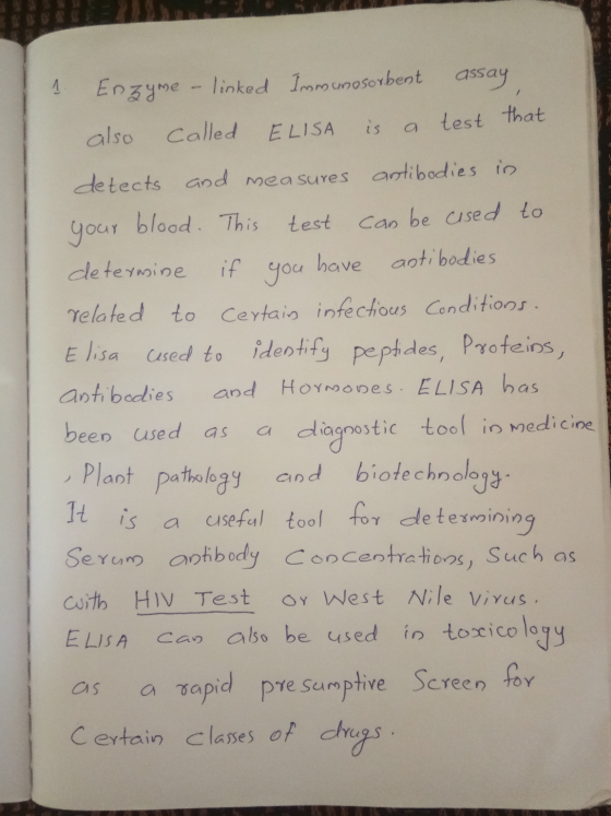 1 Enzyme - linked Immunosorbent assay, also called ELISA is a test that detects and measures antibodies in your blood. This t