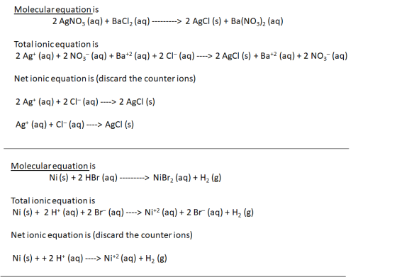 Molecular equation is 2 AgNO3 (aq) + BaCl2 (aq) ---------> 2 AgCl (s) + Ba(NO3)2 (aq) Total ionic equation is 2 Ag+ (aq) + 2N