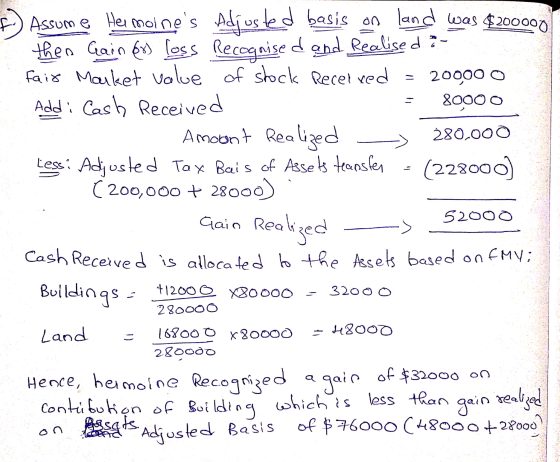80000 f) Assum e Hermoines Adjusted basis on land was $200000 then Gain ex) loss Recognised and realised ?- fair Market valu