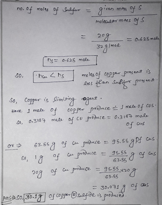 no. of moles of sulfur = given mass of S. molecular mass of s = 20g = 0.625 male 329/mol ts= 0.625 male So lhan cr I moles o