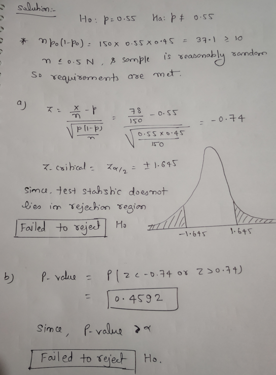 solution : Ho: p=0.55 Hai p £ 0.55 * mboll-po) = 1500 0.55 X 0.45 = 37.1 = 10 randan neo.5 N, 8 sample is reasonably So requi