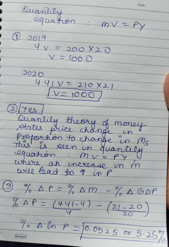 Date Quantily equation mv=PY D 2019 Y v = 200X20 v=lood 2020 4.41 v = 210X2) V=1000) @tes Quantily theory of money states pri
