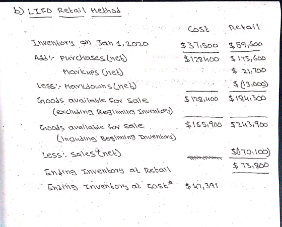 1. b) LIFO Retail Method ato Cose Retail Inventory on Jan 1, 2020 : $37,500 $59,600 Aadir purchases (net) $128400 $175,600 Ma