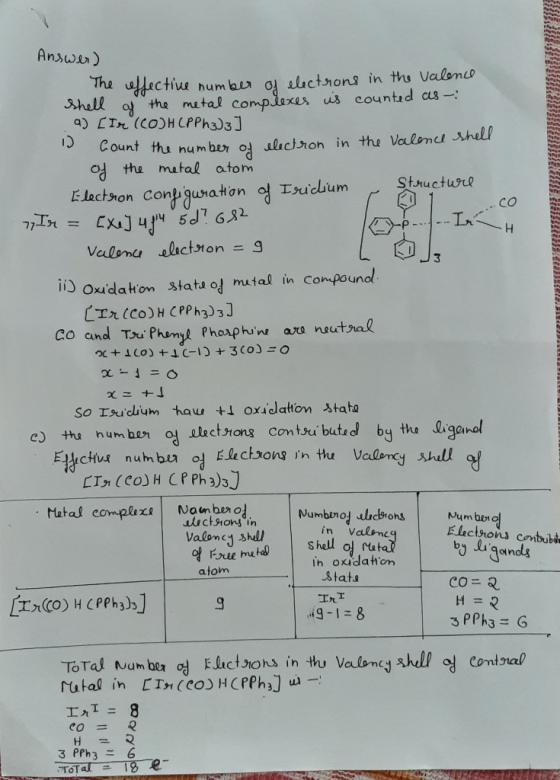 - IH Answer) The effective number of electrons in the valence Shell of the metal complexes is counted as a) (Ix (CO)HCP Ph3.)