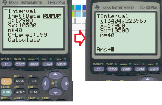 TEXAS INSTRUMENTS TI-83 Plus TInterval Inpt: Data Stats X: 17900 Sx: 10500 n: 40 C-Level:.99 Calculate TEXAS INSTRUMENTS TI-8