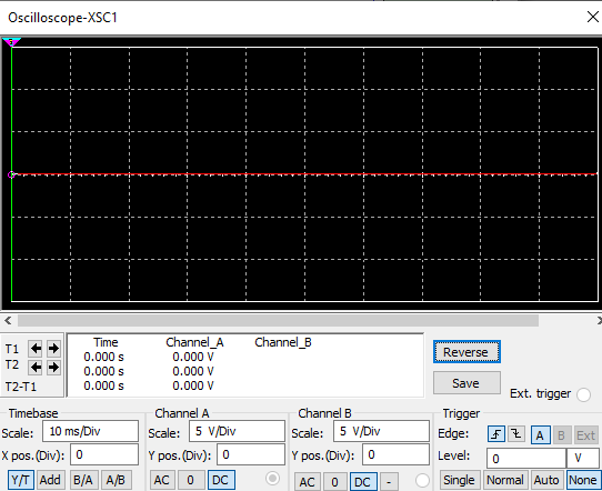 Oscilloscope-XSC1 х Channel_B Reverse T2 Time 0.000 s 0.000 s 0.000 s Channel_A 0.000 V 0.000 V 0.000 V T2-T1 Timebase Scale: