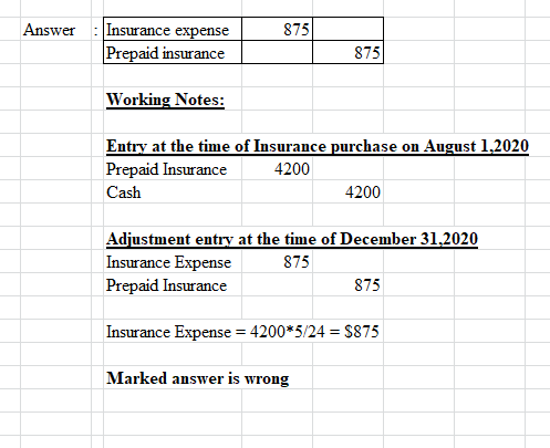 Answer: Insurance expense Prepaid insurance Working Notes: Entry at the time of Insurance purchase on August 1,2020 Prepaid I