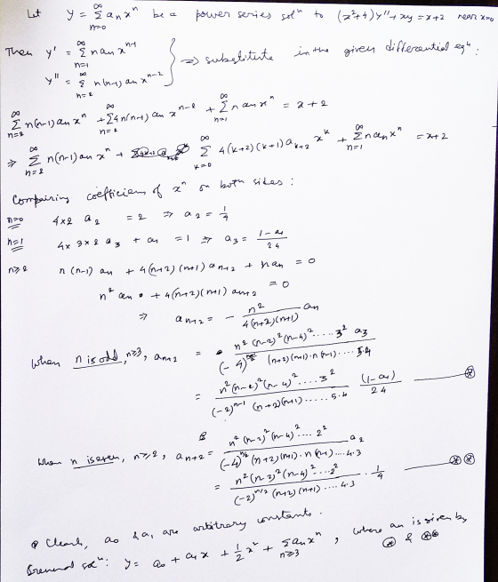 -(A-2) 2 (n=4)? .... ze az Let y = {anan be a power series solu to (2²+4)y+xy=x+2 near X0 mao Then y ni Enana in the given d