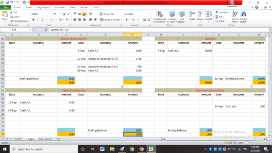 Journal entry - Microsoft Excel (Product Activation Failed) - 2 X File Home Insert Page Layout Formulas Data Review View - x