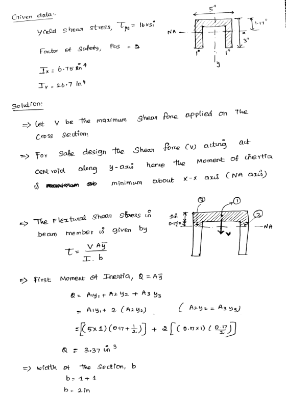 Griven data- I.-- Yield shear stress, Tys = 16 ksi NA + * 37 Fos Factor of safety, Ix = 6.75 en 4 Jy = 26:7 in 4 Solution: T
