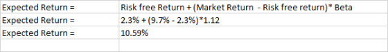 Expected Return = Expected Return = Expected Return = Risk free Return +(Market Return - Risk free return)* Beta 2.3% +(9.7%
