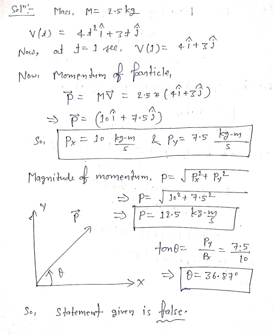 Sol - Mass, M= 2.5kg v (t) = 1+3+) Now, at t= 1 see, V(!)= 41+3) qît 3 21 4 st 2.5 * ( 41 +3 Nows Momentum of Panticle, P =