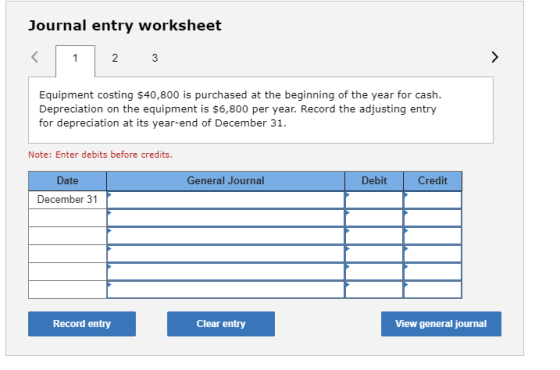 Journal entry worksheet < 1 2 3 Equipment costing $40,800 is purchased at the beginning of the year for cash. Depreciation on