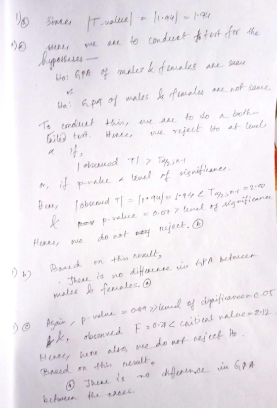 Do 10 Bieces I valle, llegul = 1.94 men, we are to conduct to test for the hypotheses – Ho GPA of males & females are same t